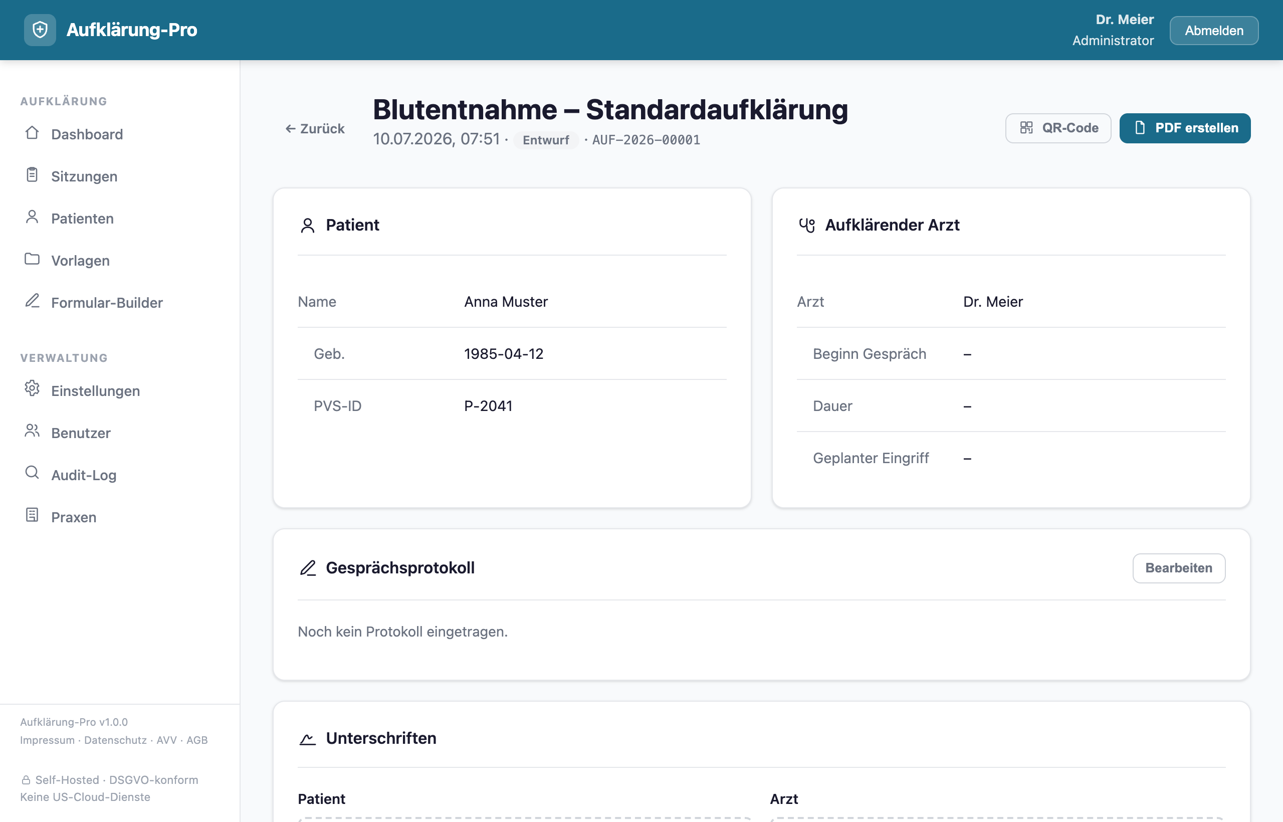 Sitzungsdetail mit Gesprächsprotokoll und Unterschrift